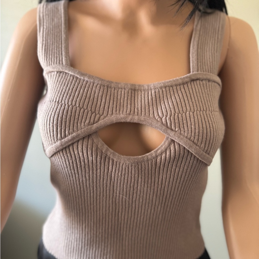 Ribbed Cutout Knit Top - Taupe